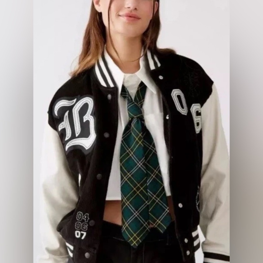 Urban Outfitters BDG Corduroy Torrence Varsity Black Embroidered Jacket Sz S